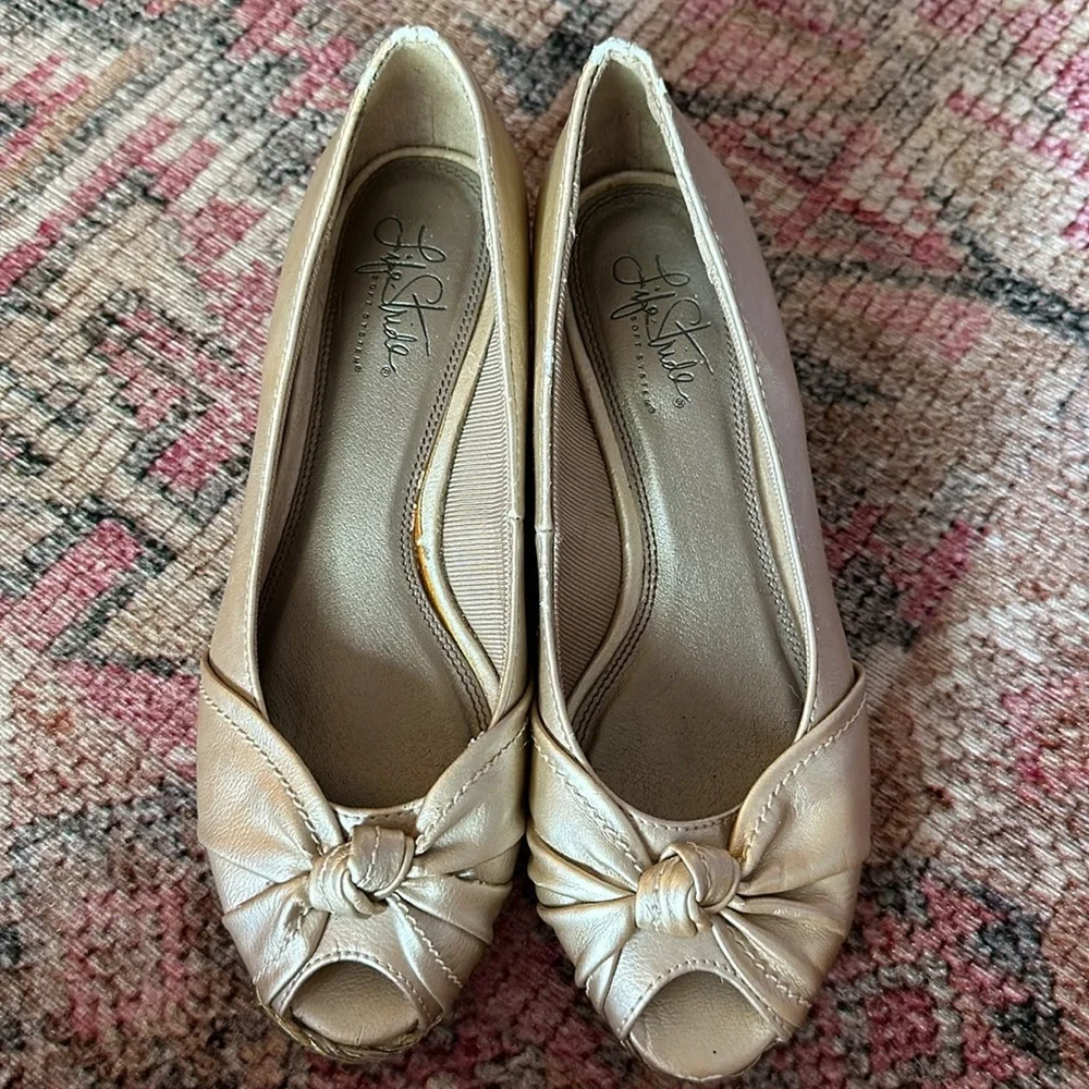 Dressy Gold Peep-Toe Wedge Shoes